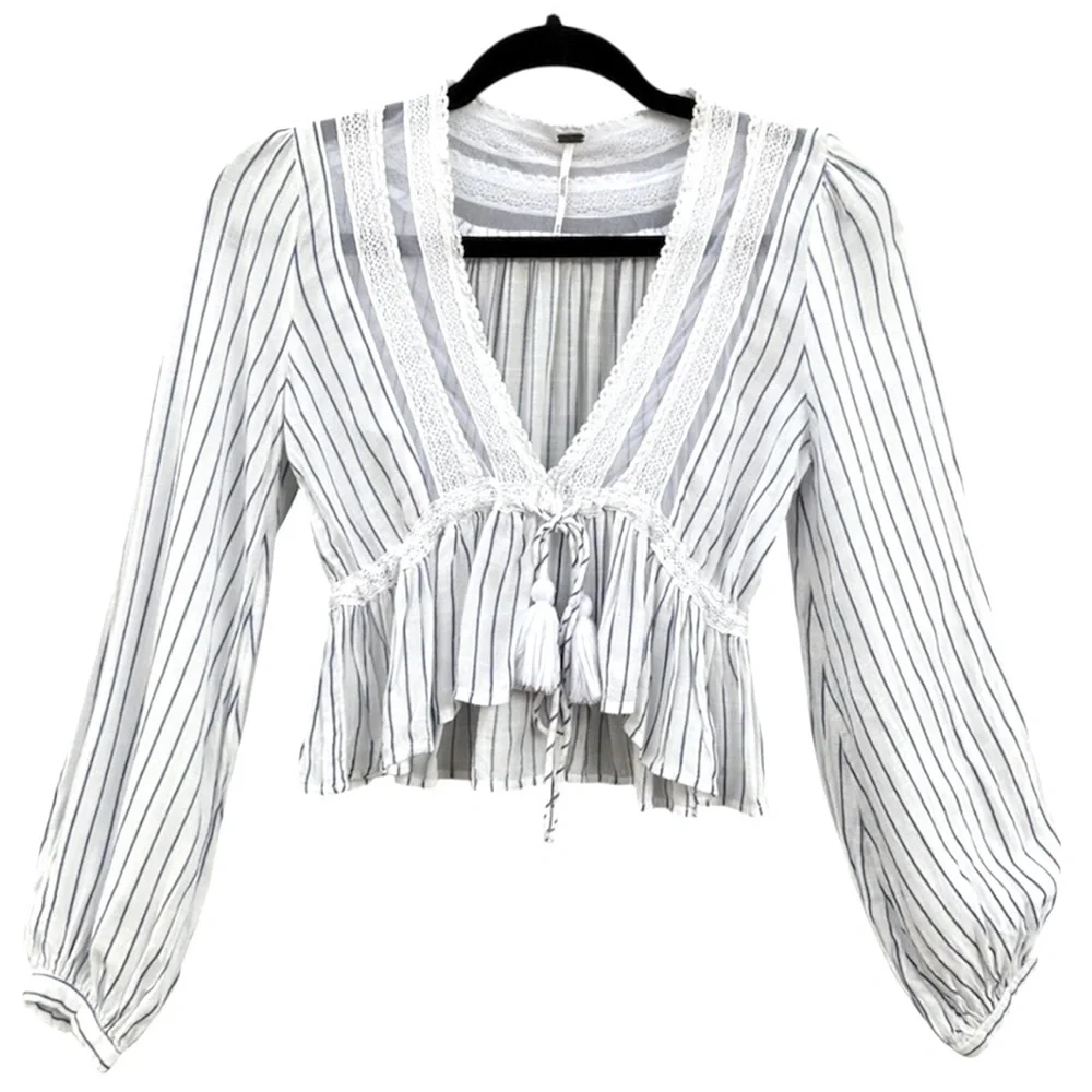 Free People | Oberoi Hippie Plunging V Neck Lace Tassel Boho Sheer Peplum Top- M - Picture 3 of 9